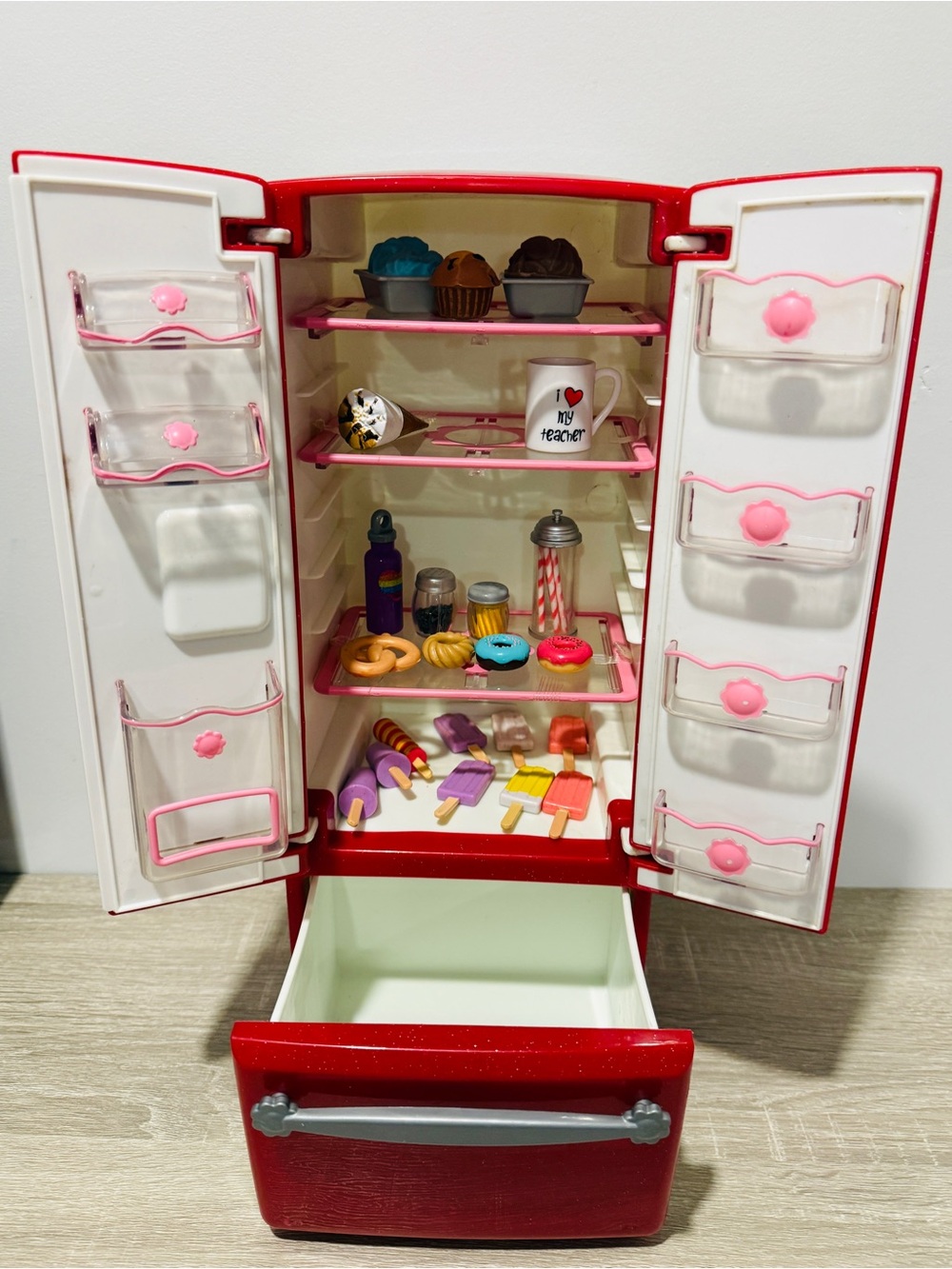 Our Generation Red Sparkle Doll Refrigerator French Door Fridge + Play Food Lot - Picture 6 of 10